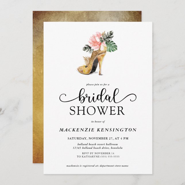 Elegant Tropical Gold Glam Heels Bridal Shower Invitation (Front/Back)
