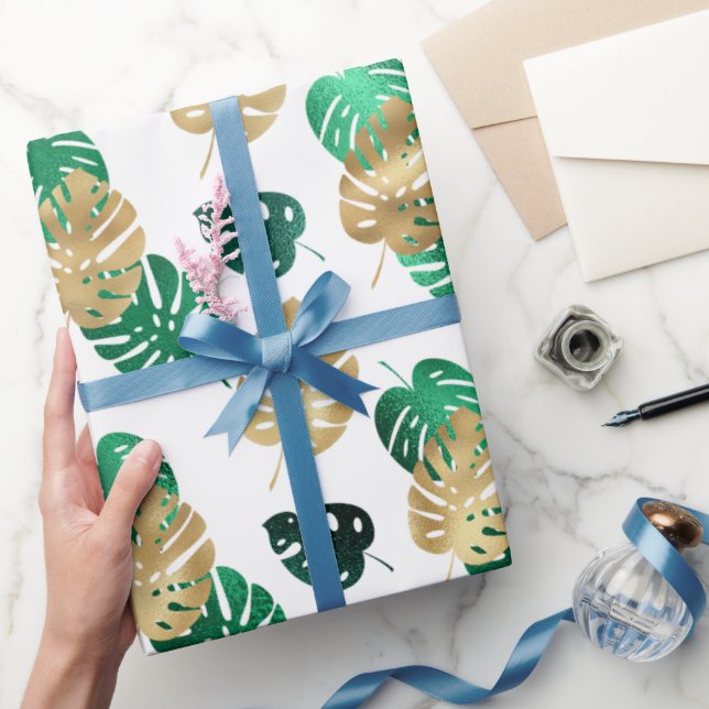 Elegant Tropical Gold & Green Monstera Leaves Wrapping Paper (Gifting)