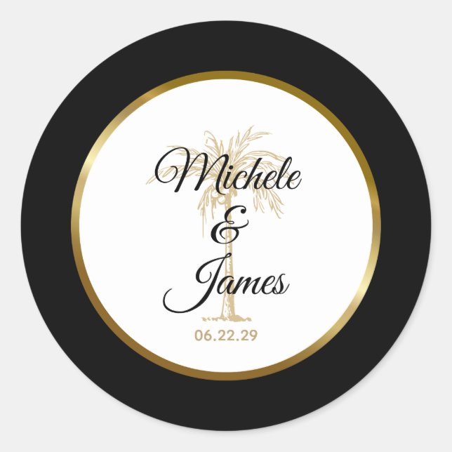 Elegant Tropical Gold Palm Tree Modern Wedding Classic Round Sticker (Front)