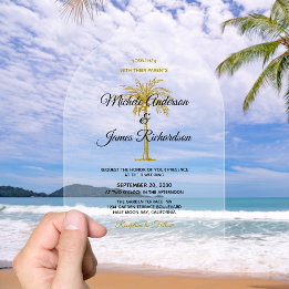 Elegant Tropical Gold Palm Tree Wedding Acrylic Invitations