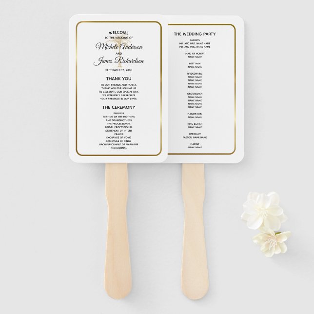 Elegant Tropical Gold Palm Tree Wedding Program Hand Fan (Front and Back)