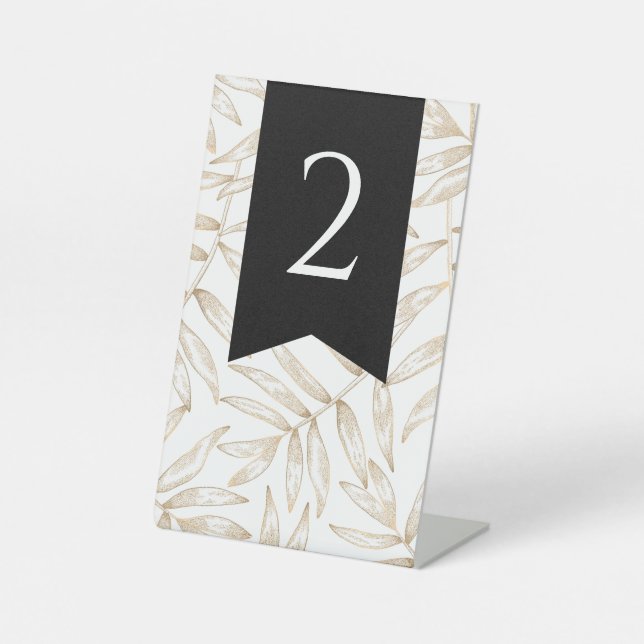 Elegant Tropical Gold Palm Wedding Table Number Pedestal Sign (Front)
