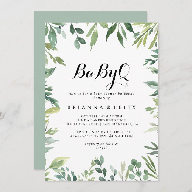 Elegant Tropical Green BabyQ Baby Shower Barbecue Invitation (Front/Back)