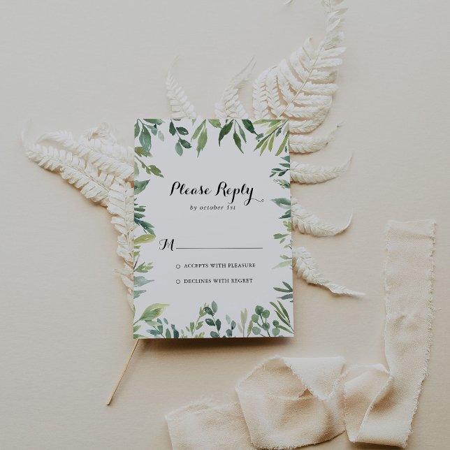 Elegant Tropical Green Foliage Calligraphy RSVP Card (Creator Uploaded)