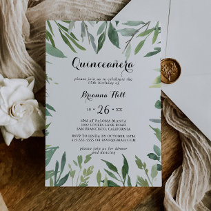 Elegant Tropical Green  foliage Quinceañera Invitation
