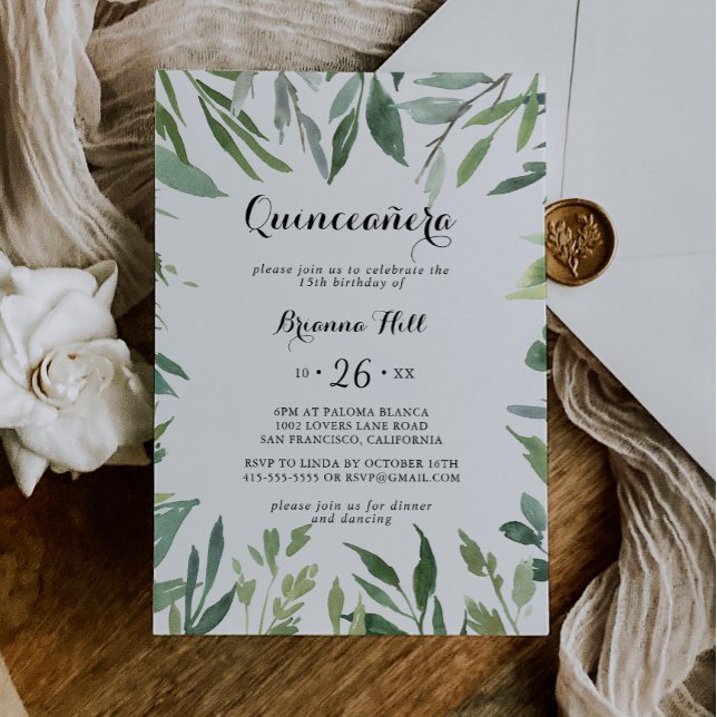 Elegant Tropical Green  foliage Quinceañera Invitation (Creator Uploaded)