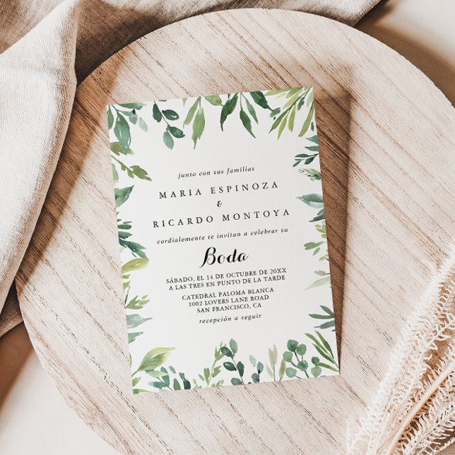 Elegant Tropical Green Foliage Spanish Wedding Invitation (Creator Uploaded)
