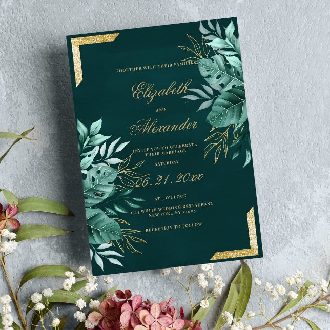 Elegant tropical green gold glitter floral wedding invitation (Elegant tropical green gold glitter floral wedding)