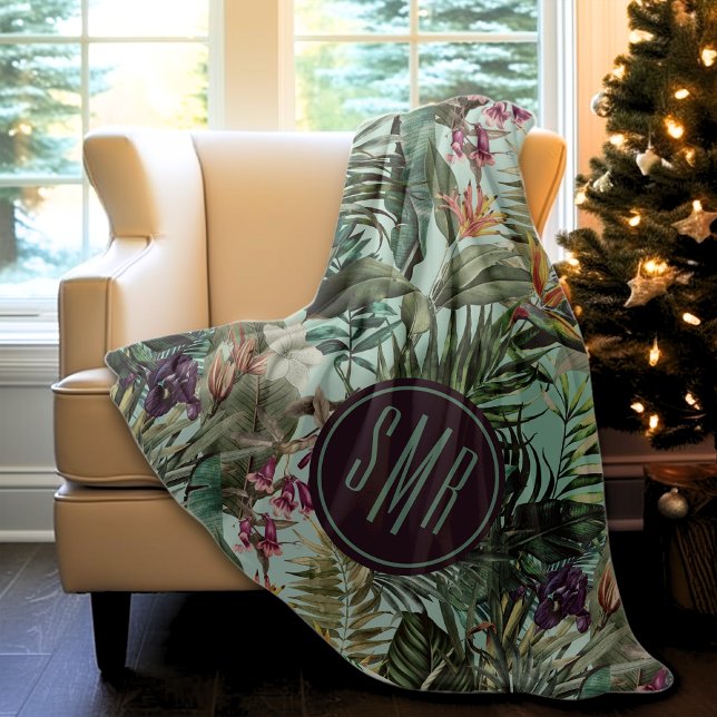 Elegant tropical green leaves floral aqua pattern fleece blanket (Creator Uploaded)