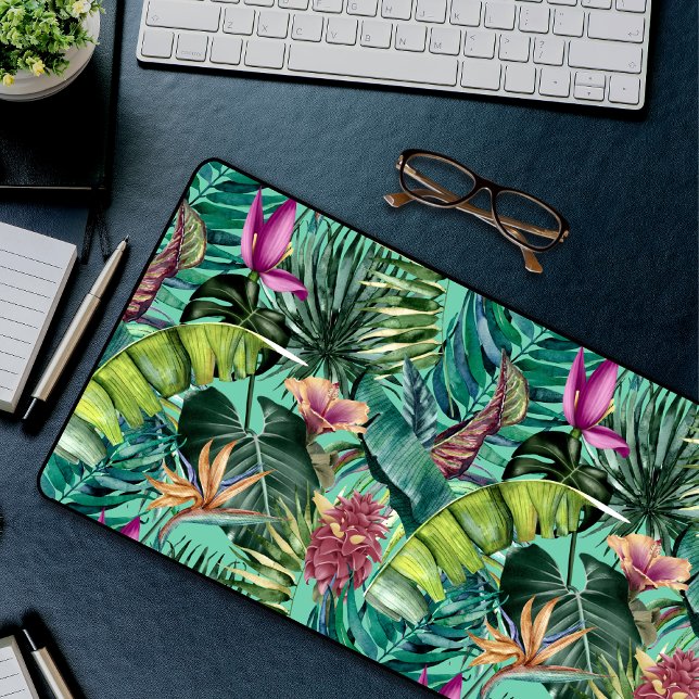 Elegant tropical green leaves floral pattern  desk mat (Creator Uploaded)