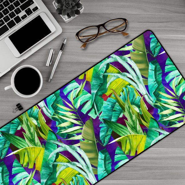 Elegant tropical green leaves purple pattern desk mat (Creator Uploaded)