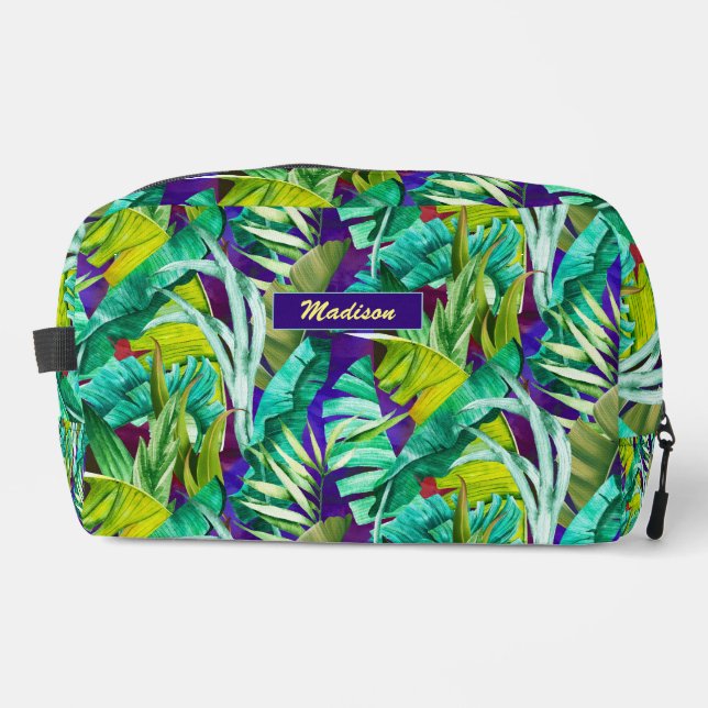 Elegant tropical green leaves purple pattern dopp kit (Front)