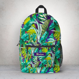 Elegant tropical green leaves purple printed backpack