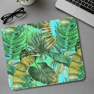Elegant tropical green leaves yellow blue pattern mouse pad