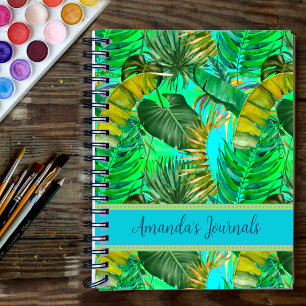 Elegant tropical green leaves yellow blue pattern notebook