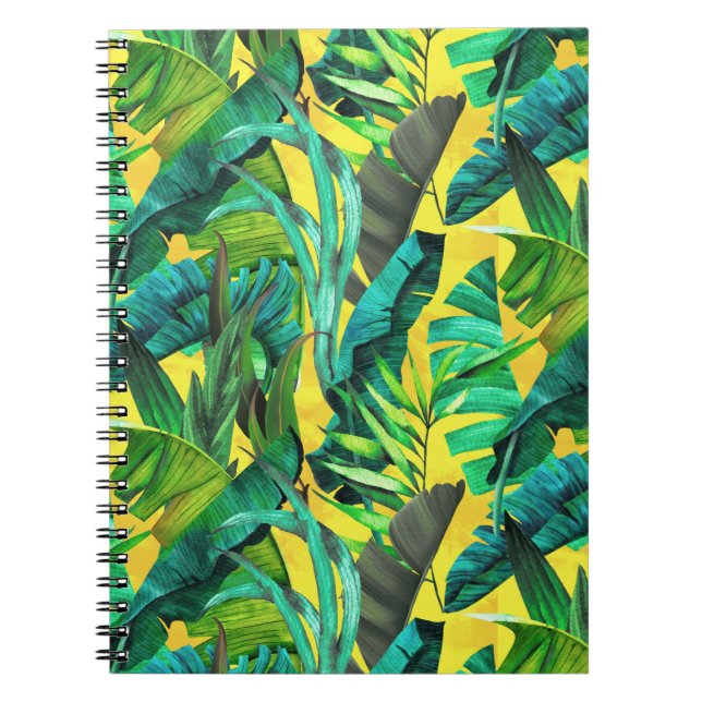 Elegant tropical green leaves yellow pattern notebook (Front)