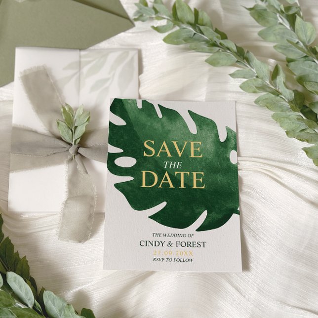 Elegant Tropical Green Monstera Leaf Wedding Save The Date (Creator Uploaded)