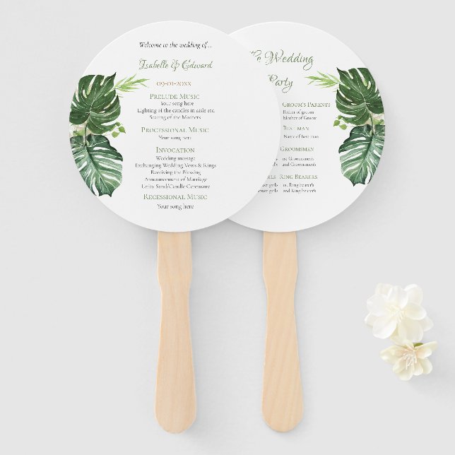Elegant Tropical Green Monstera Leaves Wedding  Hand Fan (Front and Back)