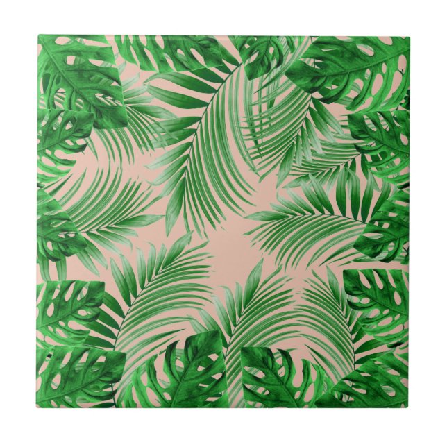 Elegant Tropical green palm leaves pattern pink ba Ceramic Tile (Front)