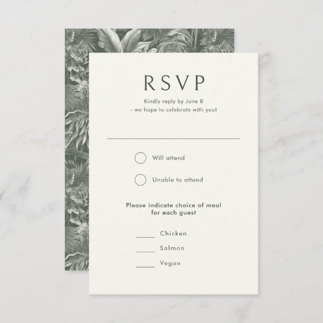 Elegant Tropical Green Vintage Style Wedding RSVP Card (Front/Back)