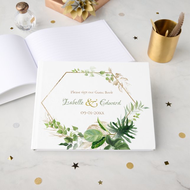 Elegant Tropical Green Watercolor Monstera Leaves  Guest Book (Front Open)