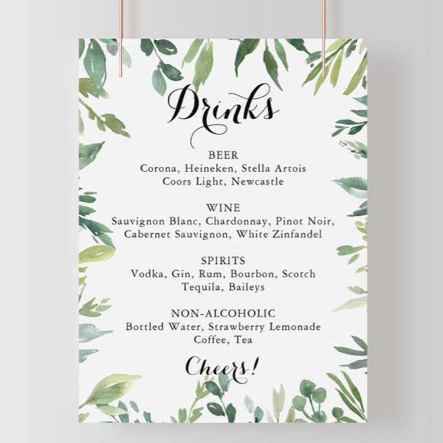Elegant Tropical Green Wedding Drinks Menu Sign (Creator Uploaded)