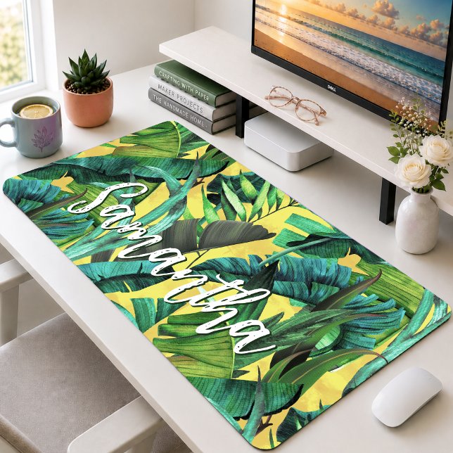 Elegant Tropical Green Yellow Leaf Pattern Desk Mat (Creator Uploaded)