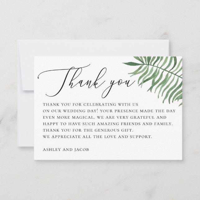 Elegant tropical greenery. Palm leaves wedding Thank You Card (Front)