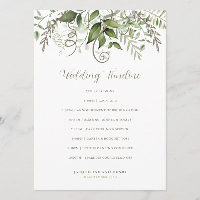 Elegant Tropical Greenery Wedding Timeline Program (Front)