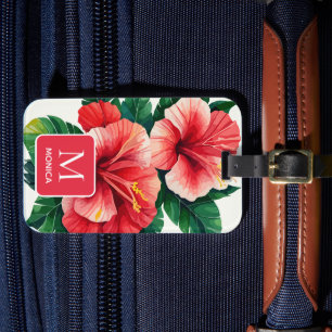 Elegant Tropical Hawaii Hibiscus Red Monogram Luggage Tag