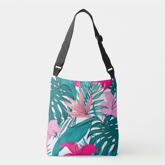 Elegant Tropical Hibiscus Flowers and Leaves | Crossbody Bag (Front)