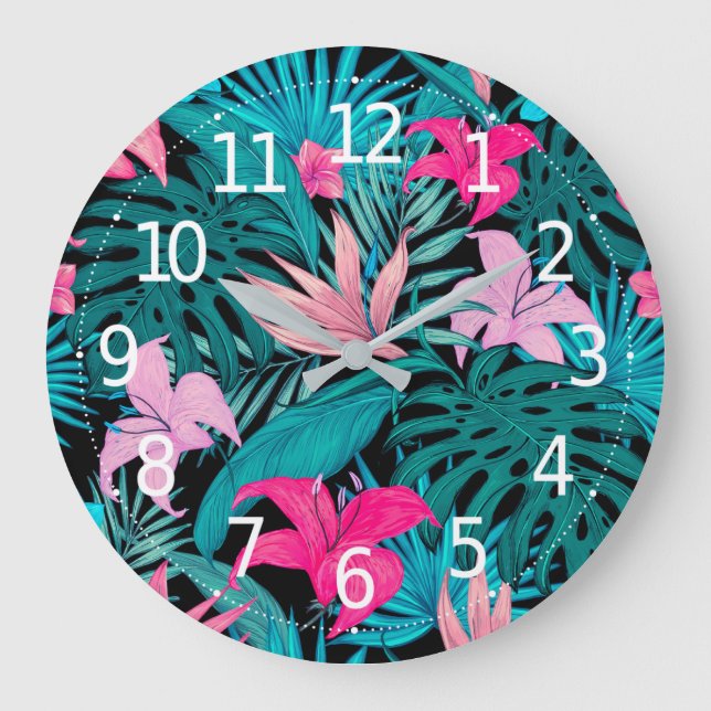 Elegant Tropical Hibiscus Flowers and Leaves | Large Clock (Front)