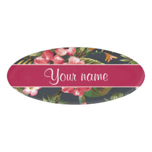 Elegant Tropical Hibiscus Flowers and Leaves Name Tag