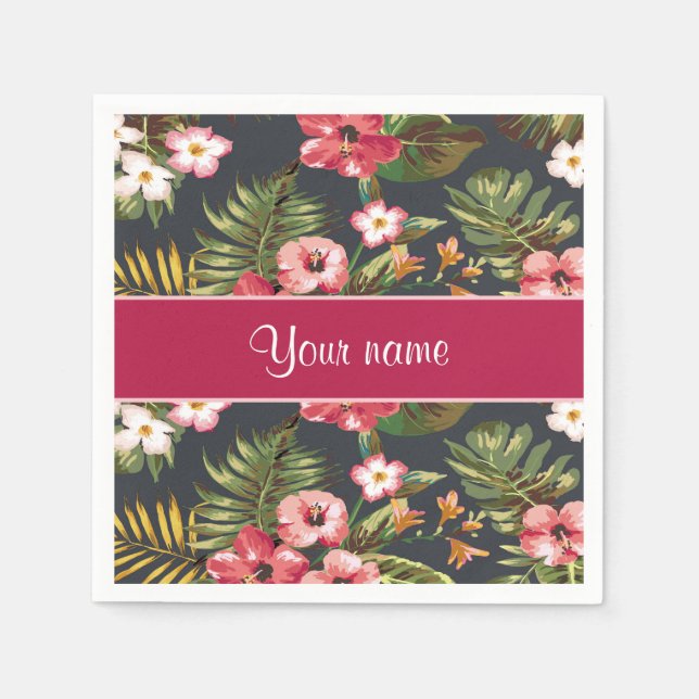 Elegant Tropical Hibiscus Flowers and Leaves Napkin (Front)