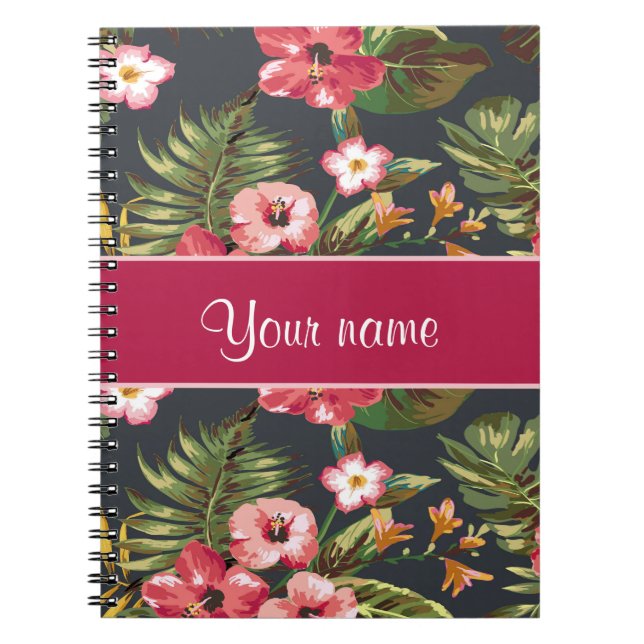 Elegant Tropical Hibiscus Flowers and Leaves Notebook (Front)