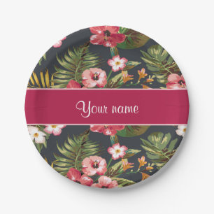 Elegant Tropical Hibiscus Flowers and Leaves Paper Plate