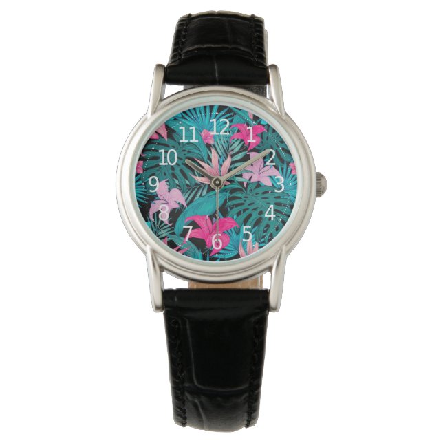 Elegant Tropical Hibiscus Flowers and Leaves | Watch (Front)