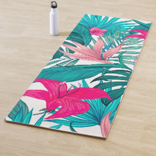 Elegant Tropical Hibiscus Flowers and Leaves Yoga Mat