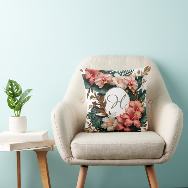 Elegant Tropical Hibiscus Gold Monogram Pillow (Chair)
