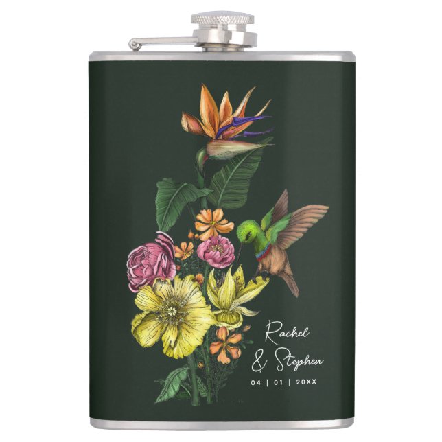 Elegant Tropical Hummingbird Floral Summer Wedding Hip Flask (Front)
