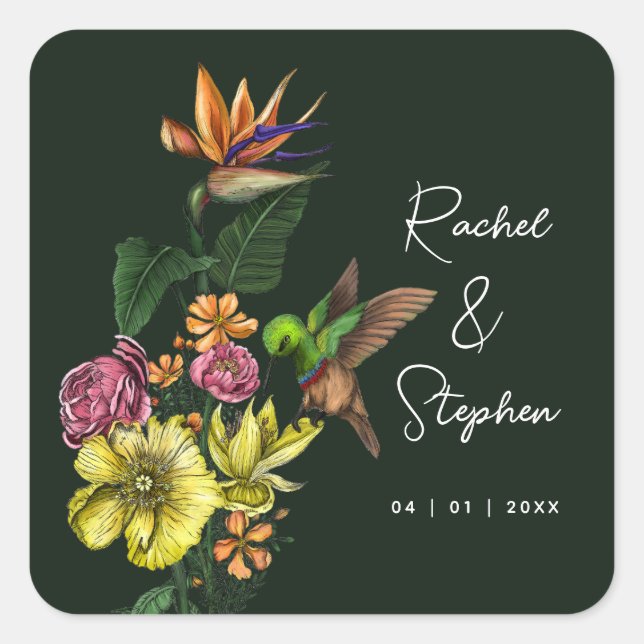 Elegant Tropical Hummingbird Floral Summer Wedding Square Sticker (Front)