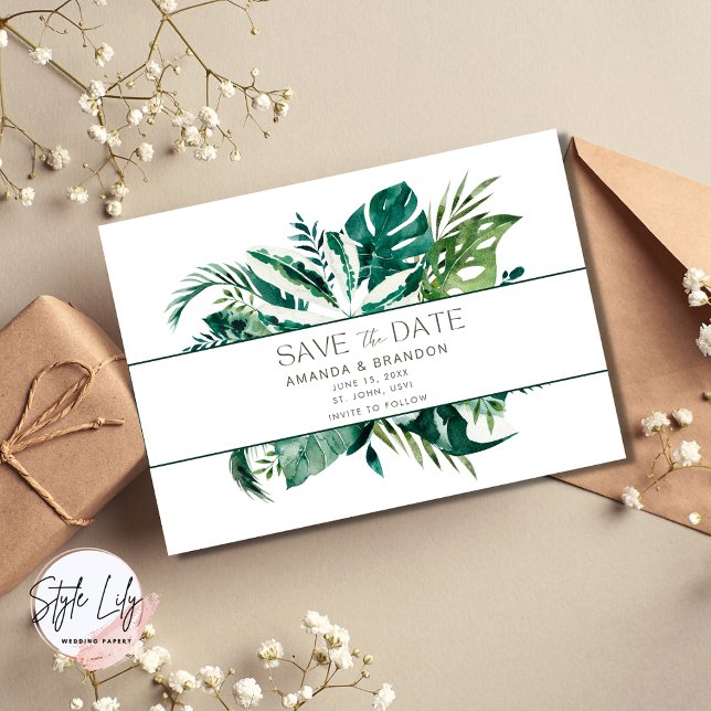 Elegant Tropical Leaf Photo Wedding Save The Date (Creator Uploaded)
