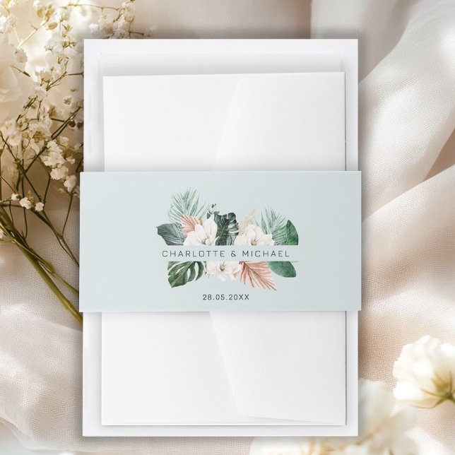 Elegant, tropical, leafy, wedding invitation belly band (Elegant, tropical, leafy, wedding invitation belly band with your name and date.)