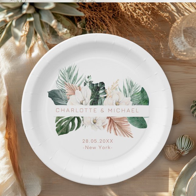 Elegant, tropical, leafy wedding paper plate (Elegant, tropical, leafy wedding paper plates with your name and date.)