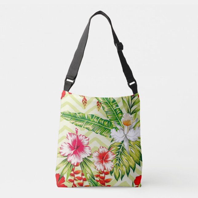 Elegant Tropical Leaves and Hibiscus Flowers | Crossbody Bag (Front)