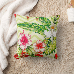 Elegant Tropical Leaves and Hibiscus Flowers   Cushion