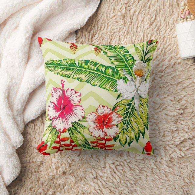 Elegant Tropical Leaves and Hibiscus Flowers | Cushion (Blanket)