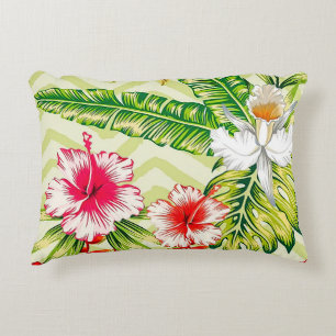 Elegant Tropical Leaves and Hibiscus Flowers   Decorative Cushion