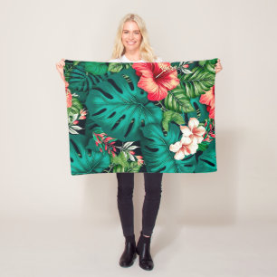 Elegant Tropical Leaves and Hibiscus Flowers   Fleece Blanket