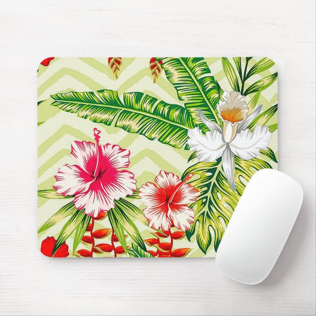 Elegant Tropical Leaves and Hibiscus Flowers | Mouse Pad (With Mouse)